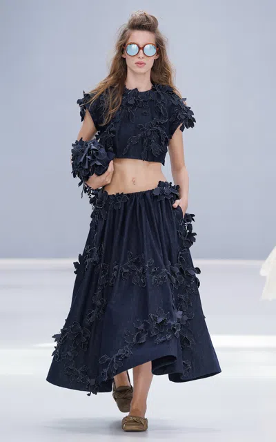 Zimmermann Becoming Applique Denim Linen-silk Maxi Skirt In Blue