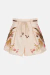 Zimmermann Ascension Belted Bead-embellished Floral-print Linen Shorts