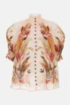 Zimmermann Ascension Embellished Shirred Floral-print Ramie Blouse