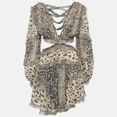 Pre-owned Zimmermann Beige Chiffon Leopard Print Cut-out Mini Dress M In Sand