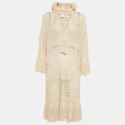Pre-owned Zimmermann Beige Crochet Sheer Hooded Midi Dress M/l In Sand