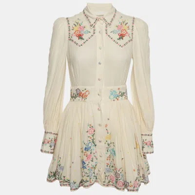 Pre-owned Zimmermann Beige Floral Embroidered Cotton Clover Shirt Dress S In Sand