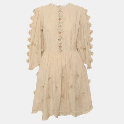 Pre-owned Zimmermann Beige Floral Embroidered Voile Mini Dress S In Sand