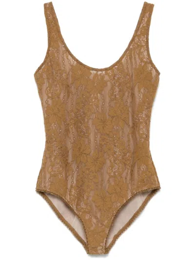 Zimmermann Beige Floral Lace Bodysuit With Semi-sheer Design
