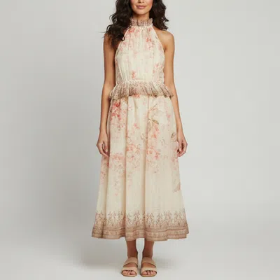 Pre-owned Zimmermann Beige Floral Print Linen Blend Illuminate Halter Midi Dress M