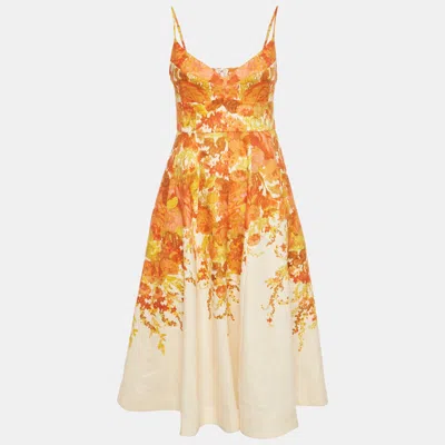 Pre-owned Zimmermann Beige Floral Print Linen High Tide Midi Dress M In Sand