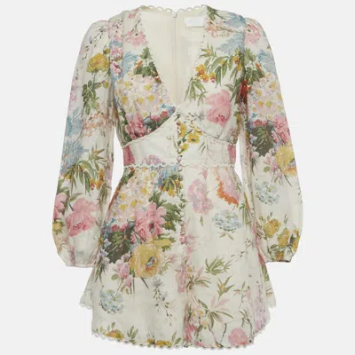 Pre-owned Zimmermann Beige Floral Print Linen Plunge Neck Playsuit M In Sand