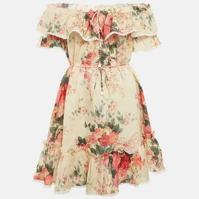 Pre-owned Zimmermann Beige Floral Print Off-shoulder Ruffled Mini Dress Xs