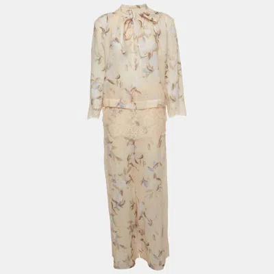 Pre-owned Zimmermann Beige Floral Print Ramie Cascadian Blouse And Pant Set S/m In Sand