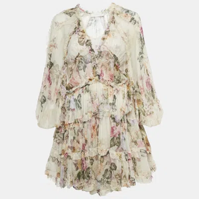 Pre-owned Zimmermann Beige Floral Print Silk Tiered Mini Dress S In Sand