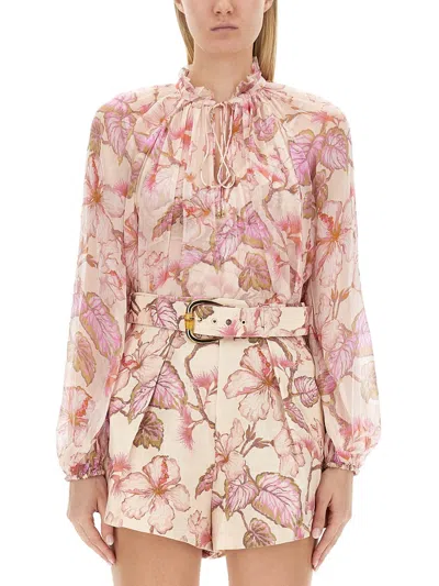 Zimmermann Beige Floral Print Viscose Ruffled Blouse In Multi