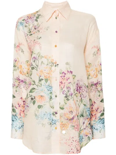 Zimmermann Beige Lightweight Floral Print Semi-transparent Ramie Shirt In Cream Watercolour Floral