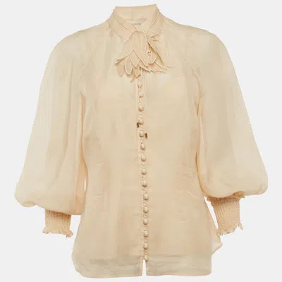 Zimmermann Beige Linen Blend Floral Applique Buttoned Blouse In Neutral