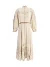 Zimmermann Beige Long Dress With High Neck And All-over Embroidery In Linen Woman In Beige