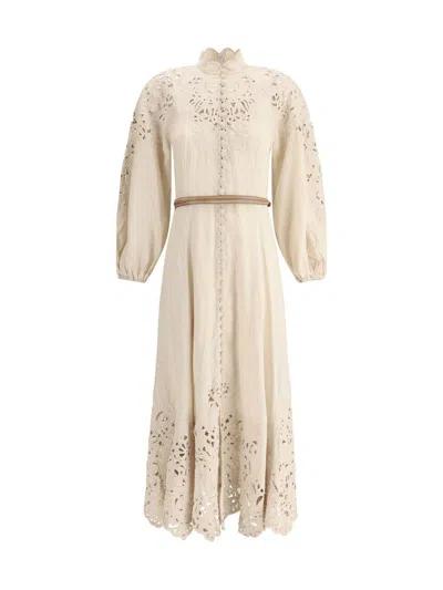 ZIMMERMANN BEIGE LONG DRESS WITH HIGH NECK AND ALL-OVER EMBROIDERY