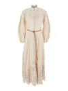 Zimmermann Beige Long Dress With High Neck And All-over Embroidery In Linen Woman