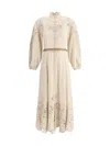 Zimmermann Beige Long Dress With High Neck And All-over Embroidery In Linen Woman