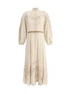 Zimmermann Beige Long Dress With High Neck And All-over Embroidery In Linen Woman In Beige