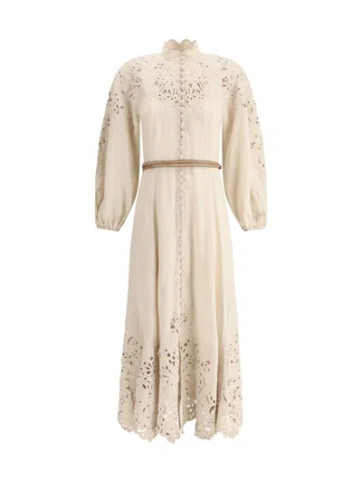 ZIMMERMANN BEIGE LONG DRESS WITH HIGH NECK AND ALL-OVER EMBROIDERY IN LINEN WOMAN