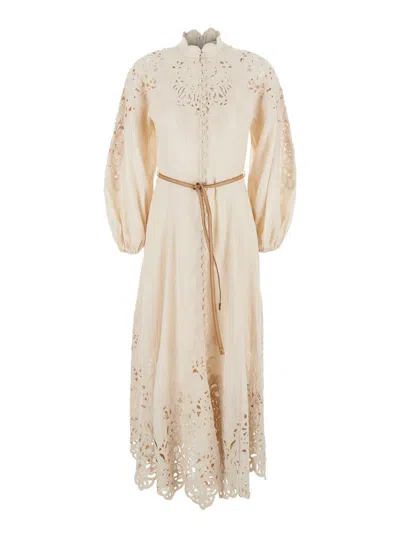 Zimmermann Beige Long Dress With High Neck And All-over Embroidery In Linen Woman