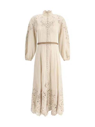 Zimmermann Beige Long Dress With High Neck And All-over Embroidery In Linen Woman