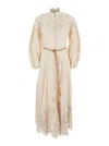Zimmermann Beige Long Dress With High Neck And All-over Embroidery In Linen Woman In Multicolor