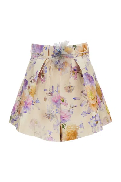 Zimmermann Beige Luna Tuck Shorts With Floral Pattern In Animal Print