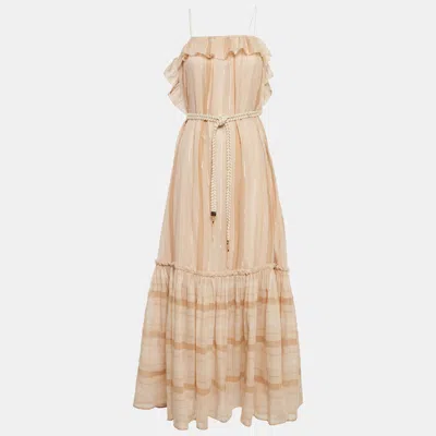 Pre-owned Zimmermann Beige Metallic Striped Cotton Tiered Maxi Dress M In Sand