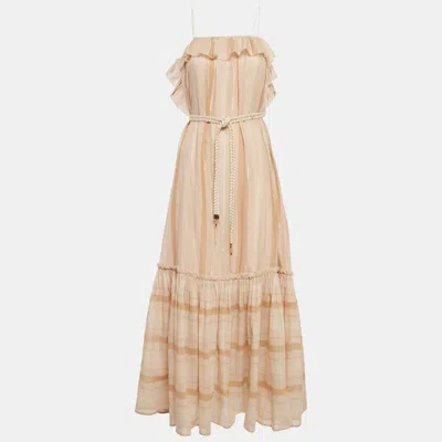 Zimmermann Beige Metallic Striped Cotton Tiered Maxi Dress In Pink