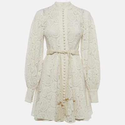 Pre-owned Zimmermann Beige Paisley Lace Amari Mini Dress M In Sand