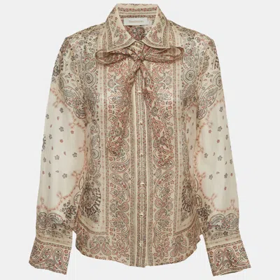 Pre-owned Zimmermann Beige Paisley Print Linen Blend Tie Neck Blouse M In Sand