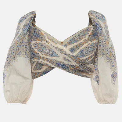 Pre-owned Zimmermann Beige Printed Plisse Pleated Crop Top L In Sand