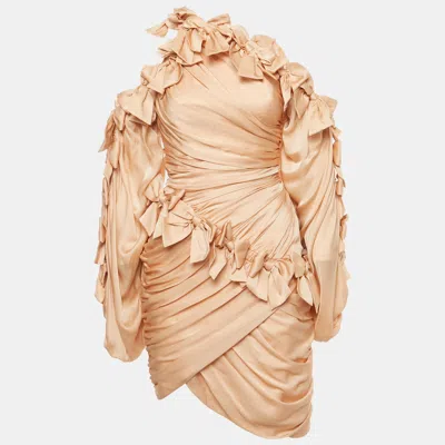 Pre-owned Zimmermann Beige Silk Bow Detail Ruche Short Dress S In Sand