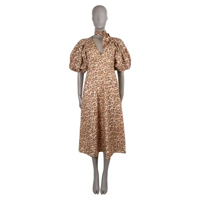 Pre-owned Zimmermann Beige Toffee Leopard 2023 Tie Neck Midi Dress 0 Xs In Brown
