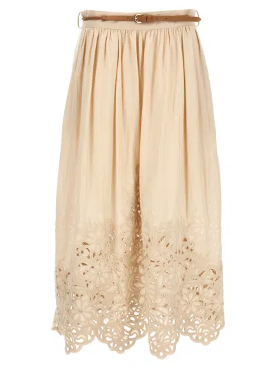 Zimmermann Wylie Embroidered Midi Skirt In Beige
