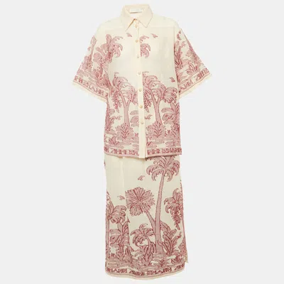 Pre-owned Zimmermann Beige/red Ottie Palm-knit Cotton Shirt And Skirt Set M In Sand