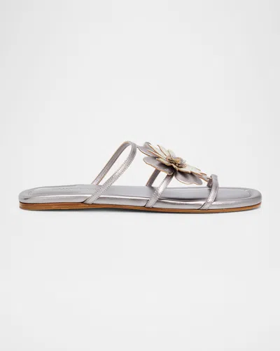 Zimmermann Belara Metallic Leather Flat Slide Sandals In Silver