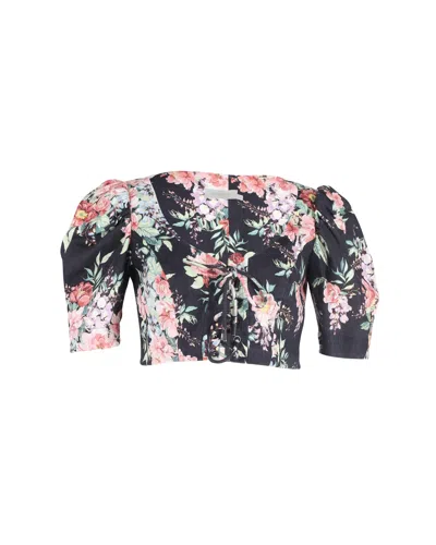 Zimmermann Bellitude Cropped Lace-up Top In Floral Print Linen In Multi