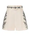 Zimmermann High Waist Floral Embroidery Belted Shorts In Nude