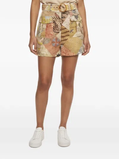 Pre-owned Zimmermann Belted Botanical-print Shorts In Neutrals