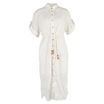 Zimmermann Belted Broderie Midi Dress In White Cotton