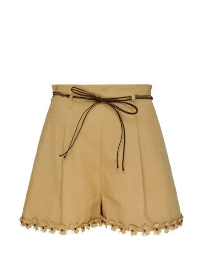 Zimmermann Belted Floral-trim Shorts In Brown