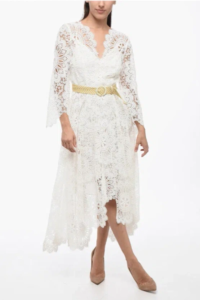 Zimmermann Chintz Doily Belted Asymmetric Guipure Lace Midi Dress In Ivory