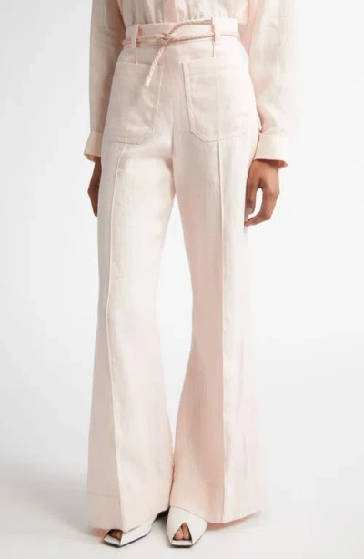 Zimmermann Belted Linen Flare Leg Pants In Pink