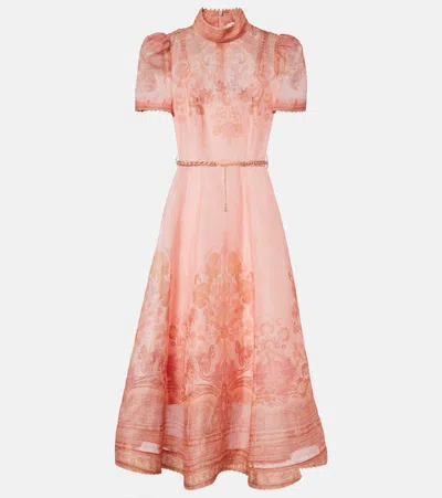 Zimmermann Belted Paisley Linen And Silk Midi Dress In Pink
