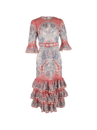 Pre-owned Zimmermann Belted Paisley-print Tiered Dress In Red