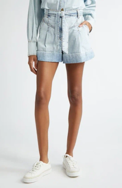 Zimmermann Belted Pleated Denim Shorts In Blue