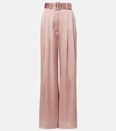 Zimmermann Belted Pleated Silk Satin Wide-leg Pants In Pink