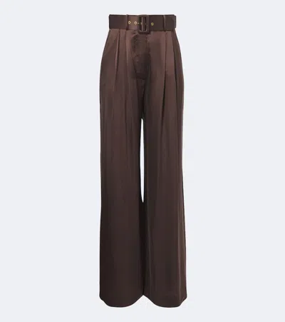 Zimmermann Belted Pleated Silk Satin Wide-leg Pants In Brown