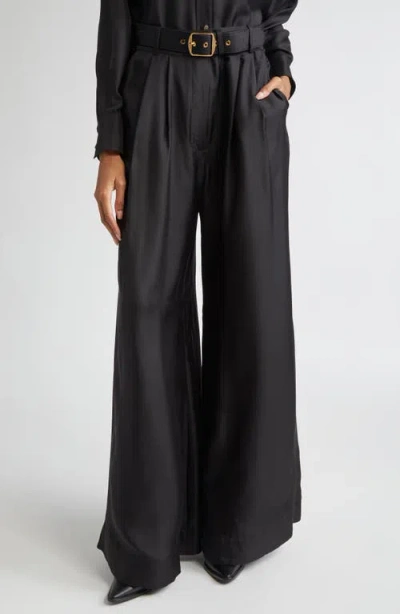 Zimmermann Belted Pleated Wide Leg Silk Trousers In Black